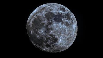 Detailed view of the moon. Gray tones show craters and shadows across lunar surface, isolated against stark black backdrop in space. photo