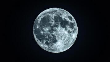 Detailed view of a full moon displaying lunar surface textures, craters, and bright regions. The moon contrasts against the dark sky. photo