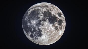 Detailed view of the moon showcasing its craters, lunar surface features, and textures against a dark, starless sky. Captivating astronomy. photo