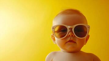 Baby rocking retro sunglasses against a vibrant yellow backdrop. Style meets innocence in this captivating close-up. photo