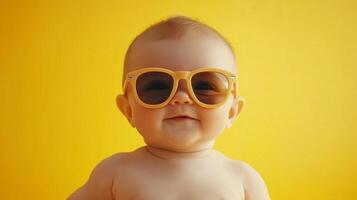 Baby face with retro sunglasses on a sunny yellow background. The baby's expression conveys amusement and curiosity, radiating joy. photo