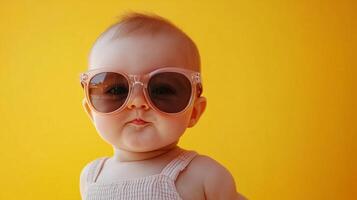 Cool baby with big sunglasses on bright yellow background. Adorable kid. Fashionable infant. Little kid in sunglasses and top looking forward. photo