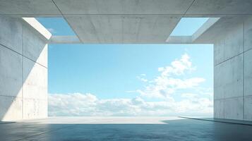Minimalist architectural design featuring a concrete structure with sky views and spacious open area. Light and airy atmosphere. photo