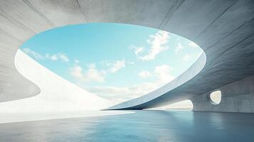 Architectural marvel showcasing a concrete structure with an expansive circular opening to the bright sky and distant skyline. photo