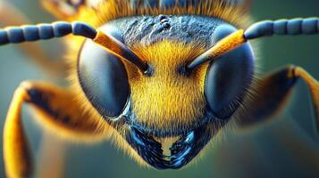 This incredible close-up image captures the intricate and vivid details of a bee, highlighting its vibrant colors and beautiful structure, representing nature's beauty. photo