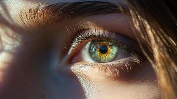 This captivating image focuses on the intricate details of a human eye, revealing the depth and richness of color, symbolizing perception and the beauty of human features. photo