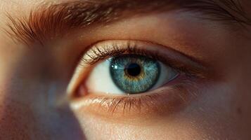 This captivating close-up of a blue eye reveals a unique play of color and texture, invoking feelings of tranquility and curiosity in the viewer. photo