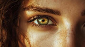 A captivating close-up of a green eye reveals intricate details, captivating colors, and reflections, highlighting the beauty of human features and expression. photo
