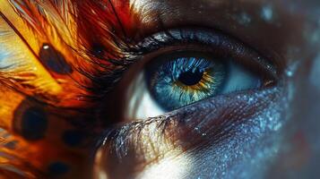 A mesmerizing close-up of a vibrant eye partially covered by intricate feathers explores themes of beauty and identity, inviting intrigue through its artistic expression. photo