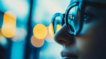 A close-up view of a person wearing large eyeglasses, conveying a sense of contemplation and connection to the world through the reflections in the eyewear. photo