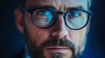 A striking portrait of a man with a beard wearing glasses, showcasing intensity and determination, with captivating blue reflections in the eyewear. photo