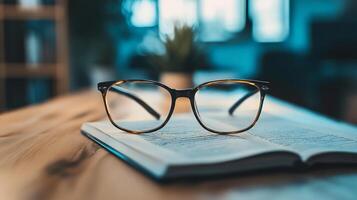 A creative flat lay featuring stylish eyeglasses resting on an open book, symbolizing knowledge and insight with an inviting ambiance for readers and thinkers alike. photo