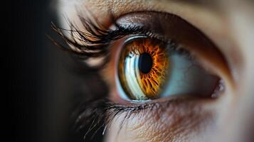 An intense close-up of a vibrant brown eye captures complex hues and textures that evoke emotions and express unique personality traits and human experience. photo