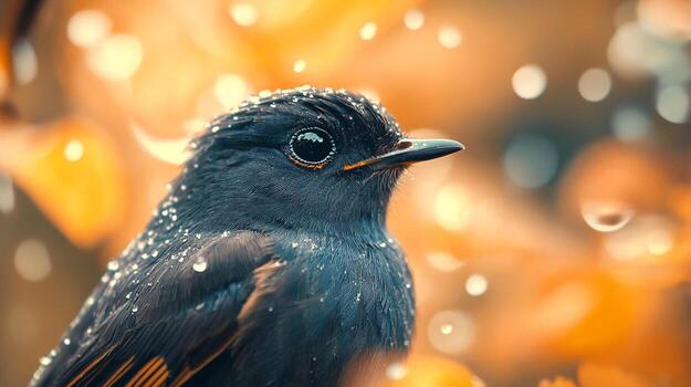 This enchanting image captures an inquisitive bird, adorned with raindrops, against a soft, blurred background, evoking a sense of wonder and connection with wildlife in nature. photo