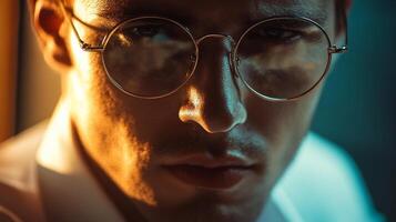 This stylish portrait of a man wearing round glasses captures a blend of confidence and mystery, showcasing the interplay of light and shadow in a modern and sophisticated atmosphere. photo