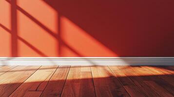 This image features a vibrant red wall with gentle shadows cast by natural light, highlighting the texture and color in a captivating way, creating a warm atmosphere. photo