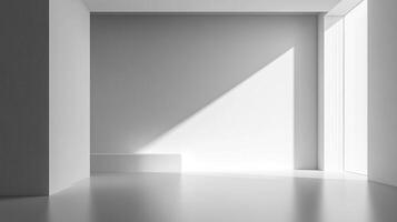 The image showcases a bright monochromatic white room, where sharp angles create striking light patterns, making it a perfect backdrop for contemporary artistic endeavors. photo