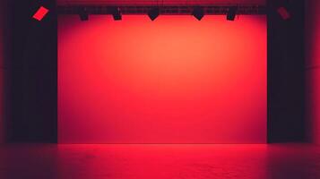 A striking bold red contemporary stage setup designed for artistic performances, with dynamic lighting and an engaging atmosphere enhancing creativity and expression. photo