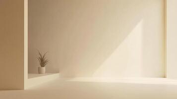This image presents a soft-lit, neutral-toned minimalist space featuring a lone plant, creating a sense of calm, balance, and tranquility within a harmonious setting. photo