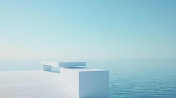A modern architectural design meets the serene blue sea, creating a visually stunning composition that embodies calmness and contemporary elegance by the water's edge. photo