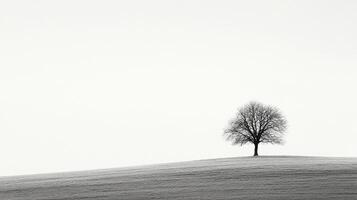 A striking black and white photograph of a lonely tree standing atop a gentle hill, surrounded by a vast, minimalistic landscape evoking solitude and peace. photo