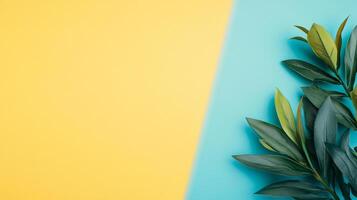 A striking composition of vibrant green leaves against a bright split background of yellow and turquoise, capturing the essence of summer and natural beauty in an artistic display. photo