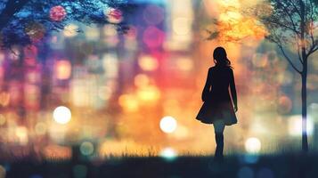 Silhouette of a woman standing against a colorful, blurred cityscape at twilight. She's immersed in the vibrant urban glow. photo