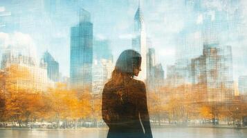 A woman stands with the cityscape behind her. The trees and buildings blend together giving an impression of autumn in the city. photo