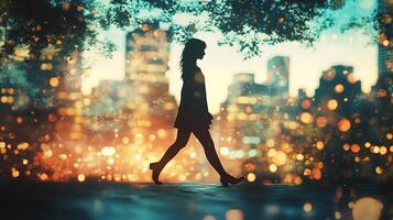 Silhouette of a woman walking in a city at twilight, lights are reflecting off the wet pavement, creating a bokeh effect in the scene. photo
