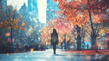 Autumn stroll in the city, a lone figure walks along a path lined with colorful trees beneath a backdrop of buildings on a rainy day. photo