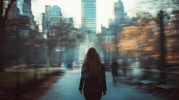 A woman walks on a park path, her back to the camera, against blurred city background. The scenery gives a sense of motion, introspection. photo