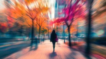 A woman walks alone on a path lined with colorful trees, creating a dreamy, soft-focus effect with motion blur for an abstract effect. photo