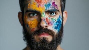 Portrait of a man with colorful paint smeared across his face, creating an artistic and vibrant expression against a plain background. photo