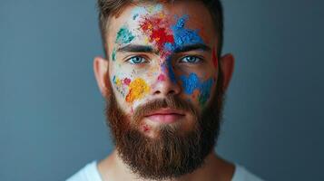A man with a beard covered in colourful powder paint looks directly at the camera with blue eyes against a grey background. photo