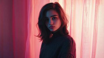Intense gaze of a woman in a turtleneck against a pink backdrop, captured in a dimly lit setting with soft, diffused lighting. photo