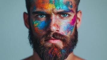 Man's face covered in vibrant, colorful paint, creating an abstract and artistic display against a plain background. photo