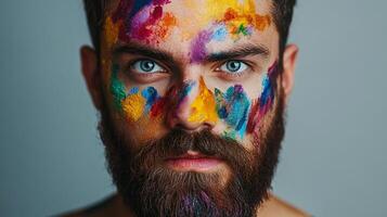 A bearded man's face is adorned with vibrant colors, creating a captivating and artistic portrait against a neutral backdrop. photo