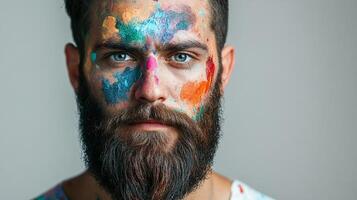 Portrait of a person with colorful paint splattered across their face, creating an artistic and expressive visual effect. photo