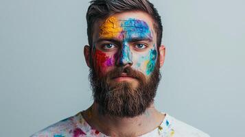 Bearded man covered in vibrant paint, a striking visual of artistry and self-expression, capturing raw emotion and colorful creativity. photo