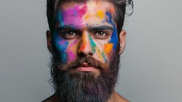 Man with vibrant paint. The colorful powder adds an expressive touch to his portrait, highlighting his features and unique style. photo