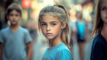 Portrait of a young girl with a ponytail, standing amidst a bustling urban scene, gazing with a serious expression and other kids around. photo