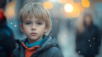 Boy with thoughtful expression in winter coat. Lights blur in background. He is young, blond, with a serious gaze. Streets are busy. photo