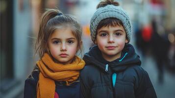 Two cute kids pose together, a girl in a scarf and ponytail and a boy in a jacket and hat, against an out-of-focus city backdrop. photo