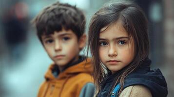 Thoughtful children stand together, their expressions hinting at shared experiences and unbreakable bonds. Siblings in a heartfelt moment. photo
