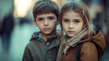 Portrait of a boy and girl. The pair stand side by side, looking somber in an outdoor setting during cool weather. photo