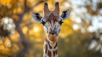 A giraffe stares intensely into the camera, its long neck reaching skyward, set against a backdrop of soft, out-of-focus, yellow bokeh. photo
