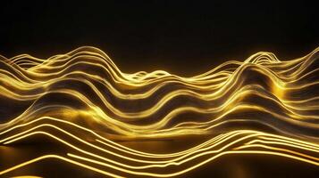 Golden waves ripple across a dark plane, creating an abstract landscape of luminous ridges. It is a dance of light and shadow on a dark field. photo