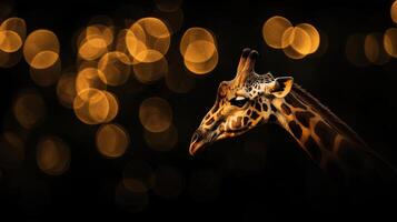 Giraffe portrait against a dark background with blurred golden lights, creating a dreamy and artistic effect. Wildlife beauty shines. photo