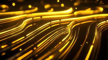 Abstract golden light streaks illuminate dark paths, creating a mesmerizing visual journey through radiant lines and bokeh effects. photo