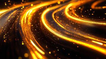 Golden light trails create a mesmerizing abstract pattern, swirling and dancing across a dark background with vibrant sparkles of light. photo